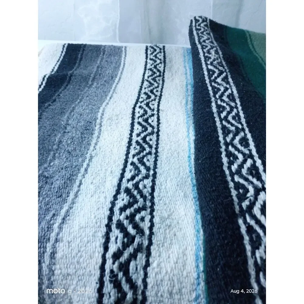 Handwoven Mexican Falsa Blanket - Blue Gray White Diamond Weave Throw